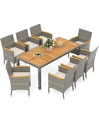 9 Pcs Patio Dining Set for 8 Table and Pe Rattan Chairs with 2"