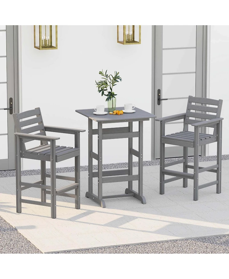 3-Piece Patio Hdpe Bar Set Armchairs with Square High-Top Table Footrest and Backrest