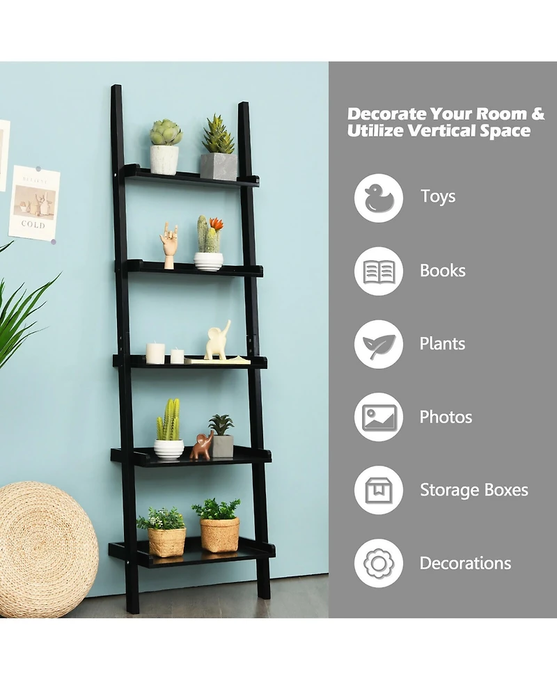 Costway Ladder Shelf 5-Tier Plant Stand Wall-leaning Bookcase Display Rack