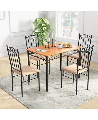 5 Pcs Dining Set Wood Metal 30" Table & 4 Chairs Upholstered Kitchen Breakfast Furniture