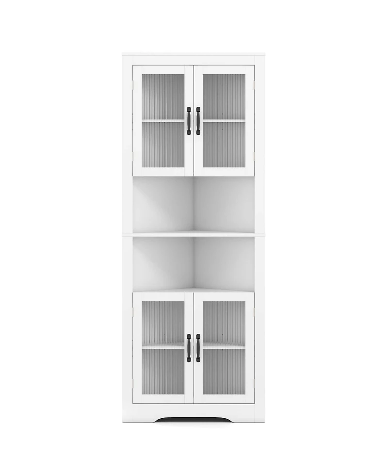 67" Tall Corner Hutch with 4 Fluted Glass Doors 3-Level Adjustable Shelves