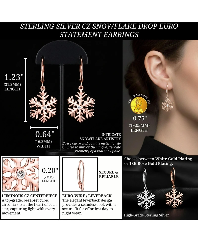 Cubic Zirconia Sterling Silver Snowflake Drop Euro Earrings