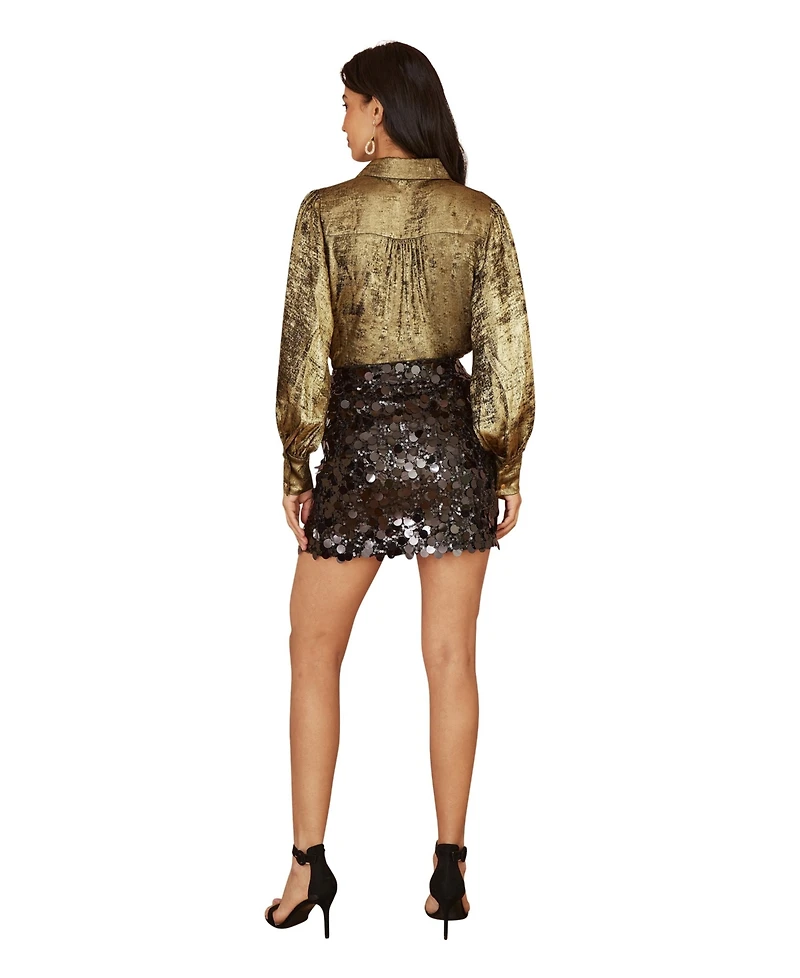 Yumi Women's Metallic Relaxed Balloon Sleeve Shirt