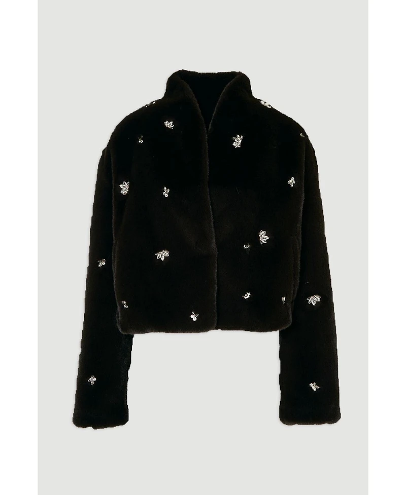 Karen Millen Women's Crystal Embellished Faux Fur Short Coat