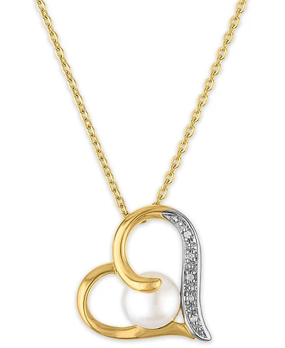 Macy's Cultured Freshwater Pearl (7mm) & Diamond Accent Sideways Heart Pendant Necklace in 14k Gold Over Sterling Silver