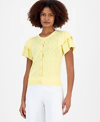 T Tahari Women's Pointelle Flutter-Sleeve Cardigan Sweater