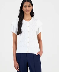 T Tahari Women's Pointelle Flutter-Sleeve Cardigan Sweater