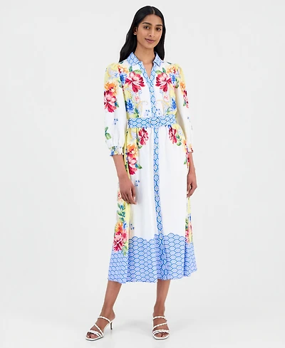 T Tahari Women's Printed 3/4-Sleeve Midi Shirt Dress