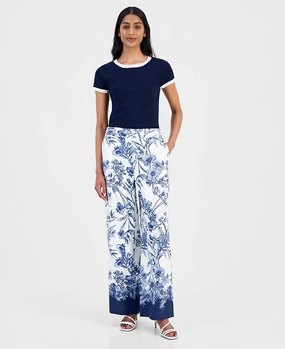 T Tahari Women's Printed Wide-Leg Pull-On Pants