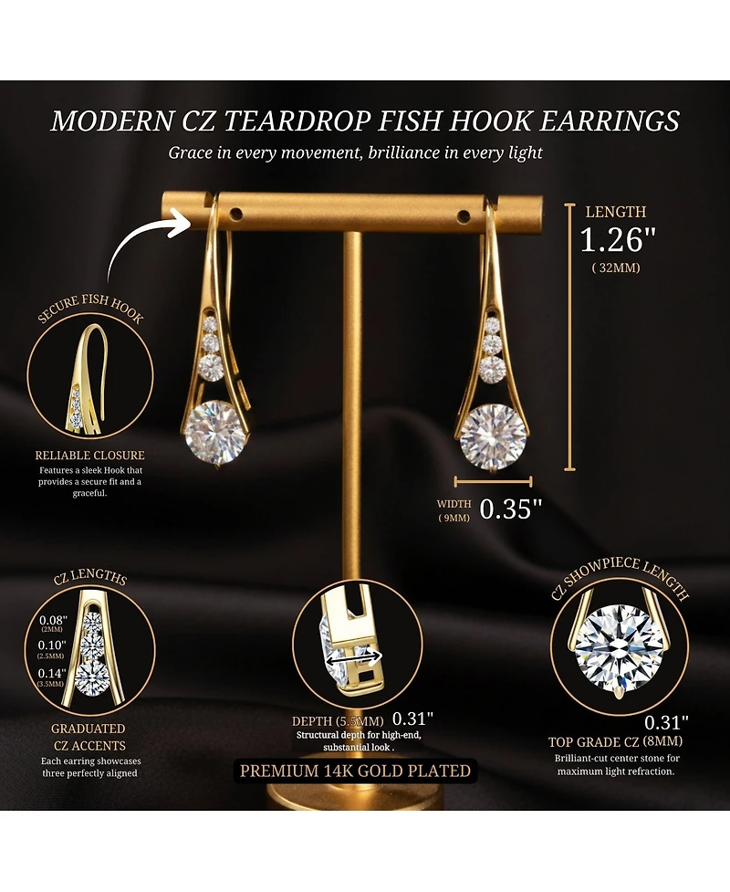 Sterling Silver 14K Gold Plated Clear Cubic Zirconia Pear Drop Hook Earrings