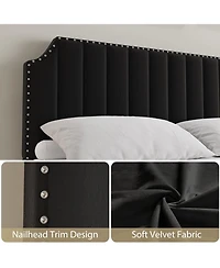 gaomon Velvet Upholstered Bed Frame with Headboard&Footboard, Platform Bed Frame with Nailhead Trim