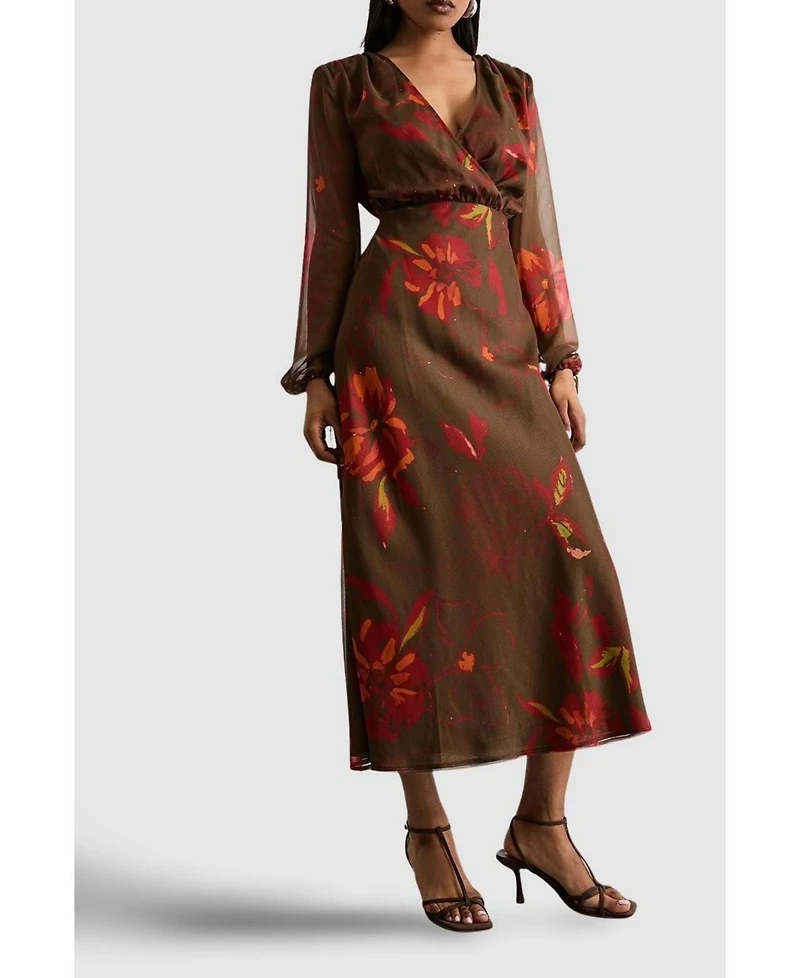 Warehouse Women's Printed V Neck Tie Detail Midi Dress