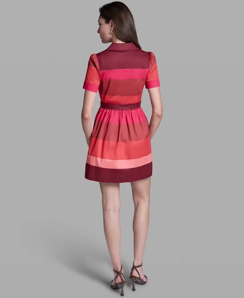 Bcbg Women's Short Sleeve Wide Lapel Cotton Stripe Mini Shirt Dress