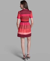 Bcbg Women's Short Sleeve Wide Lapel Cotton Stripe Mini Shirt Dress