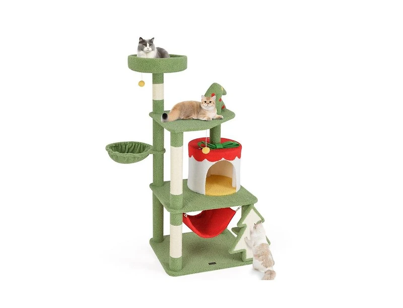 Aostirmotor Christmas Cat Tree with Sisal Scratching Posts & Gift Box Condo, Holiday Pet Furniture