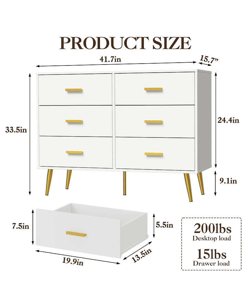 gaomon Dresser for Bedroom, Modern Wood Dresser with 6 Wide Drawers