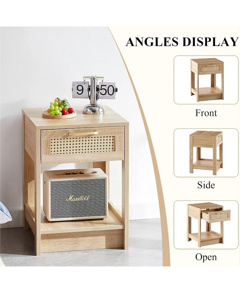 Rainsken Wooden Rattan Nightstand with Drawer and Open Storage Shelf – End Table