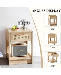 Rainsken Wooden Rattan Nightstand with Drawer and Open Storage Shelf – End Table