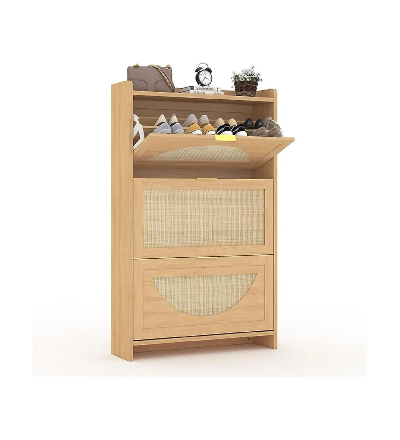 gaomon Shoe Cabinet with 3 Flip Drawer, Shoe Storage Cabinet with Narrow Rattan Weave Shoe Cabinet for Entryway, Farmhouse Style Shoe Organizer