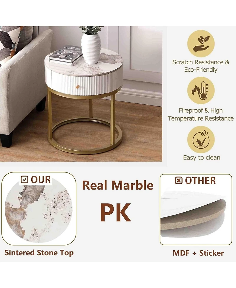 Rainsken Marble Round Nightstand, Modern End Table with Drawer and Gold Metal Frame, Bedside Storage Table for Living Room Bedroom