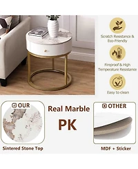 Rainsken Marble Round Nightstand, Modern End Table with Drawer and Gold Metal Frame, Bedside Storage Table for Living Room Bedroom