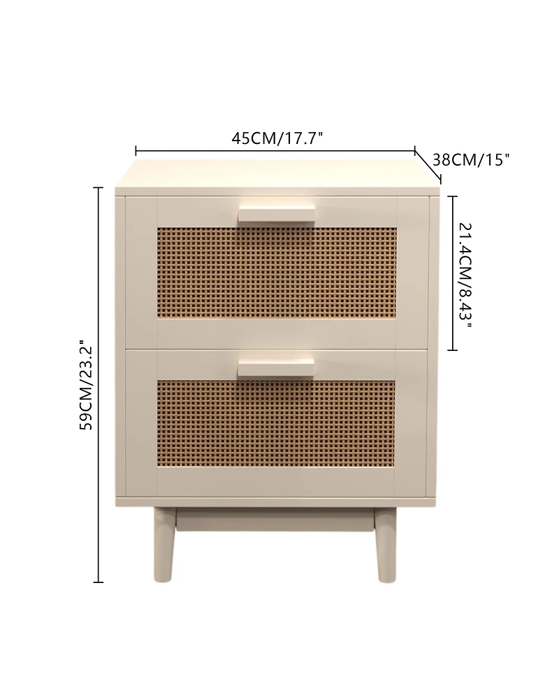 Rainsken Rattan Nightstand with 2 Faux Rattan Drawers, Wood Storage End Table Bedside Table for Living Room, Bedroom