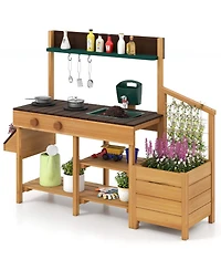 Mecale Kids Play Kitchen Set, Wooden Kitchen Playset Chef Pretend Mud Kitchen for Role-Playing Fun