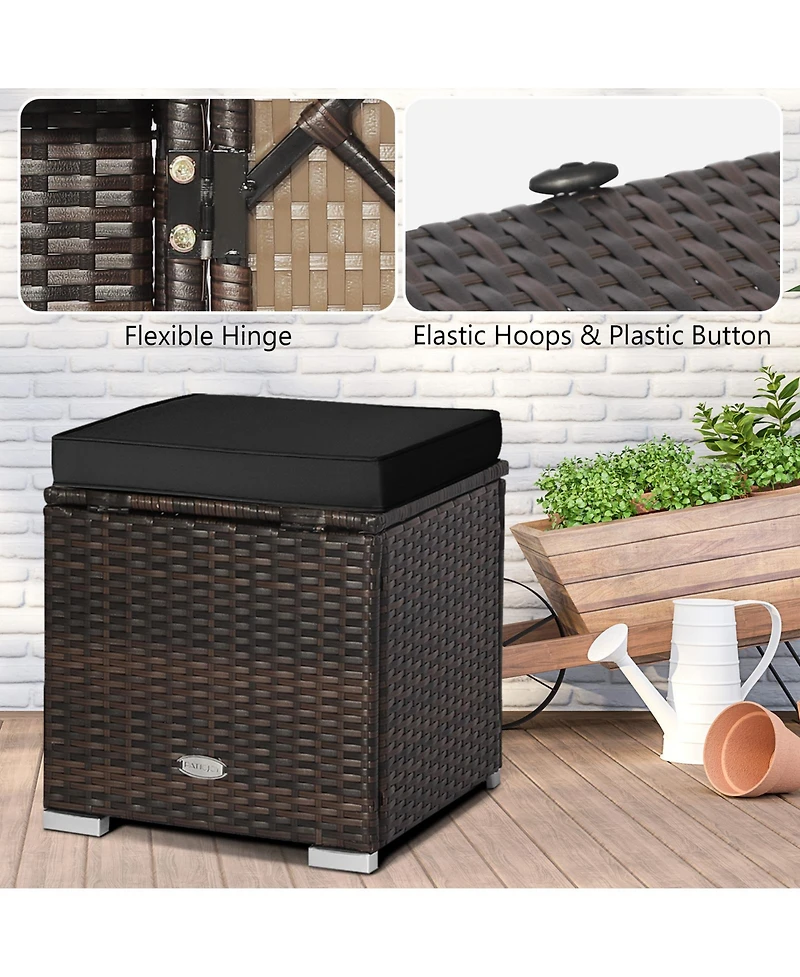 Gymax 2PCS Rattan Ottomans Seat Side Table Storage Box Footstool w/ Black Cushion Patio