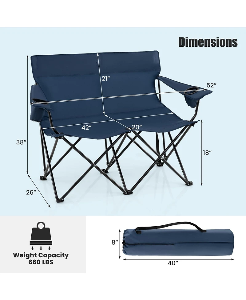 Mecale Camping Loveseat Chair for 2 with Cup Holders, Folding Outdoor Seat