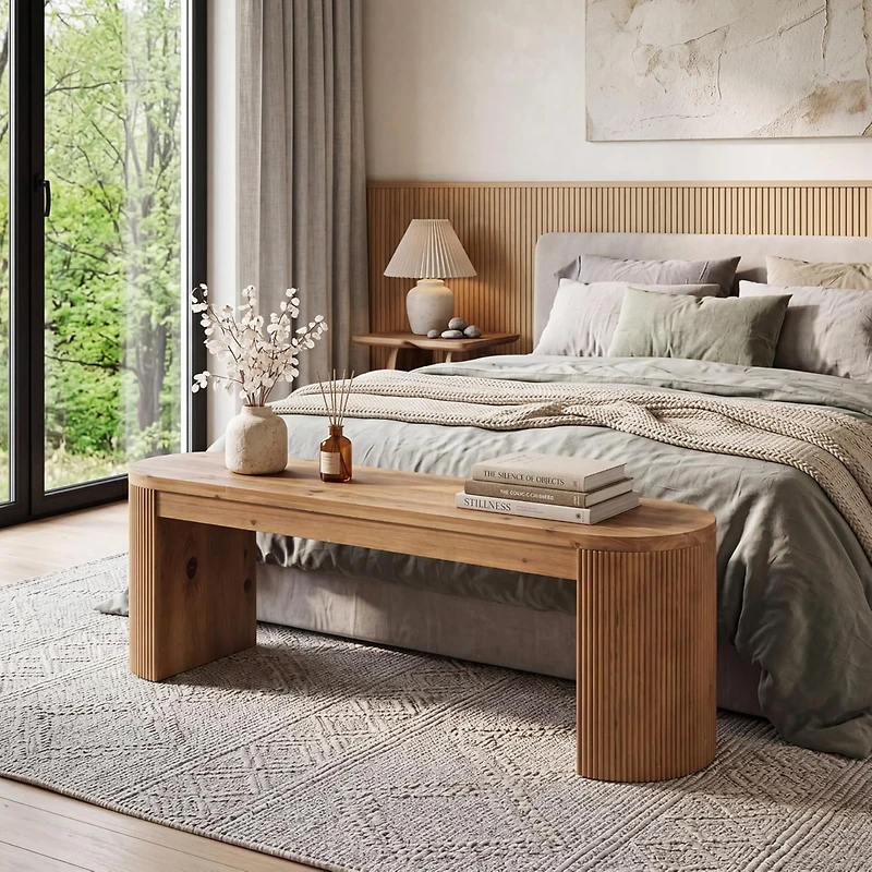 Tribesigns 55" Solid Wood Entryway Bench, Upholstered Bedroom Bench with Faux Lamb Wool, Dining Bench