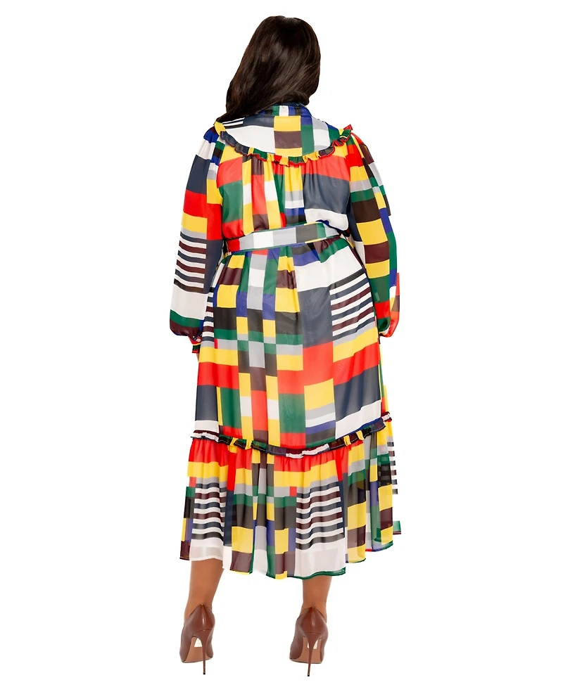 Buxom Couture Plus Plaid Ruffle Collar Shirt Dress