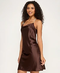 Seni & Cade Juniors' Beaded Strap Drape Front Satin Slim Dress