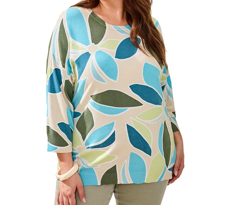 Tribal Plus Printed 3/4-Sleeve Crew Neck Sweater