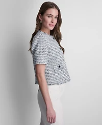 Dkny Petite Tweed Cropped Button Front Jacket