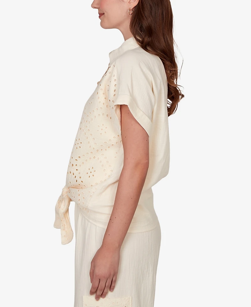 Ruby Rd. Petite Eyelet Front Gauze Tie-Front Shirt