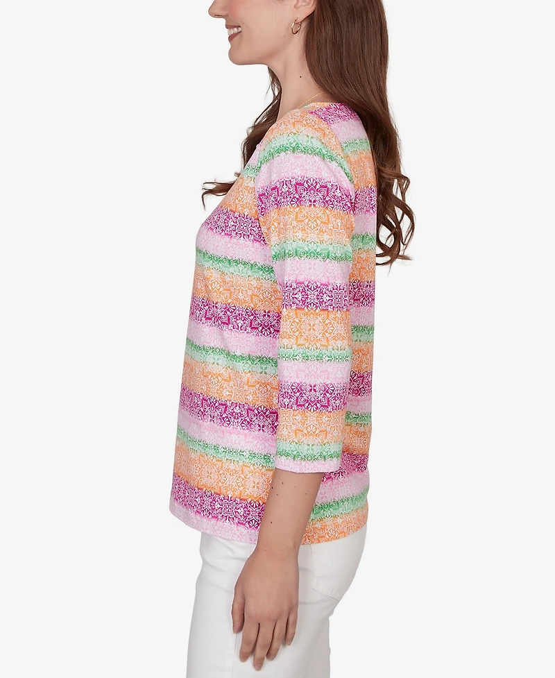 Ruby Rd. Petite Stripe Medallion Boat Neck Knit Top