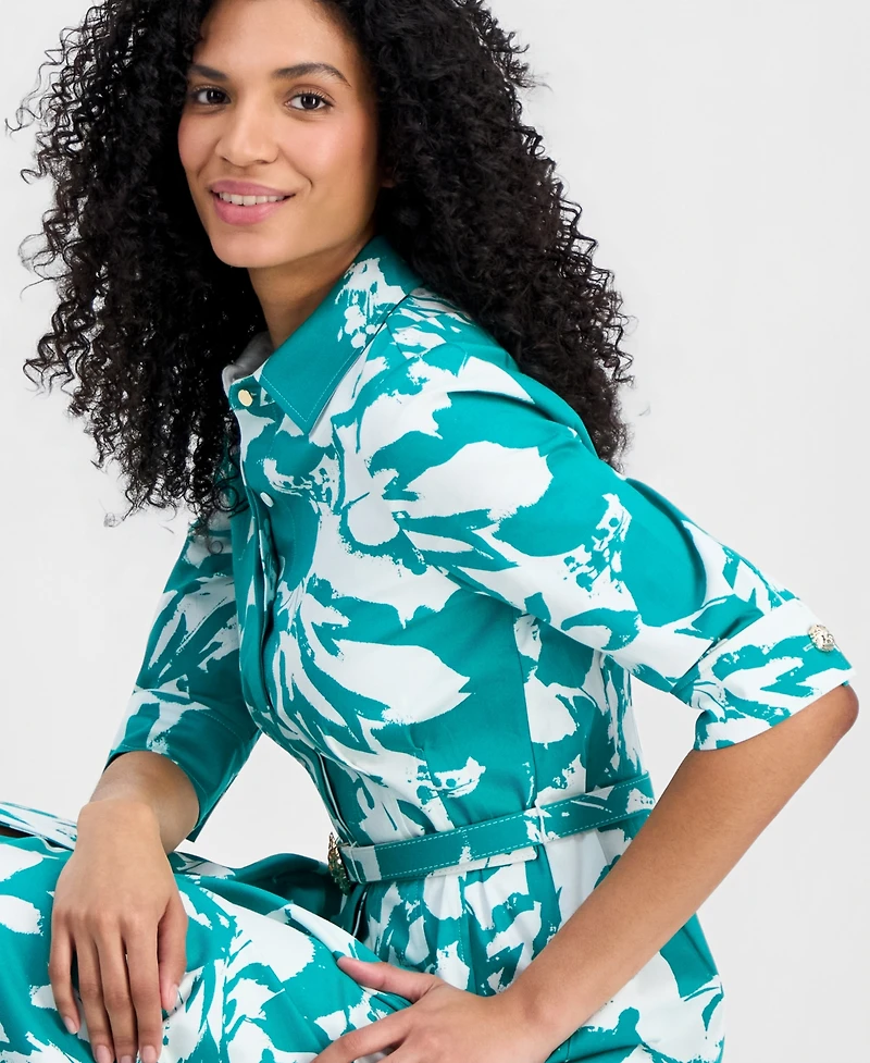 Anne Klein Women's Elbow-Sleeve Waist Tuck Midi Shirtdress