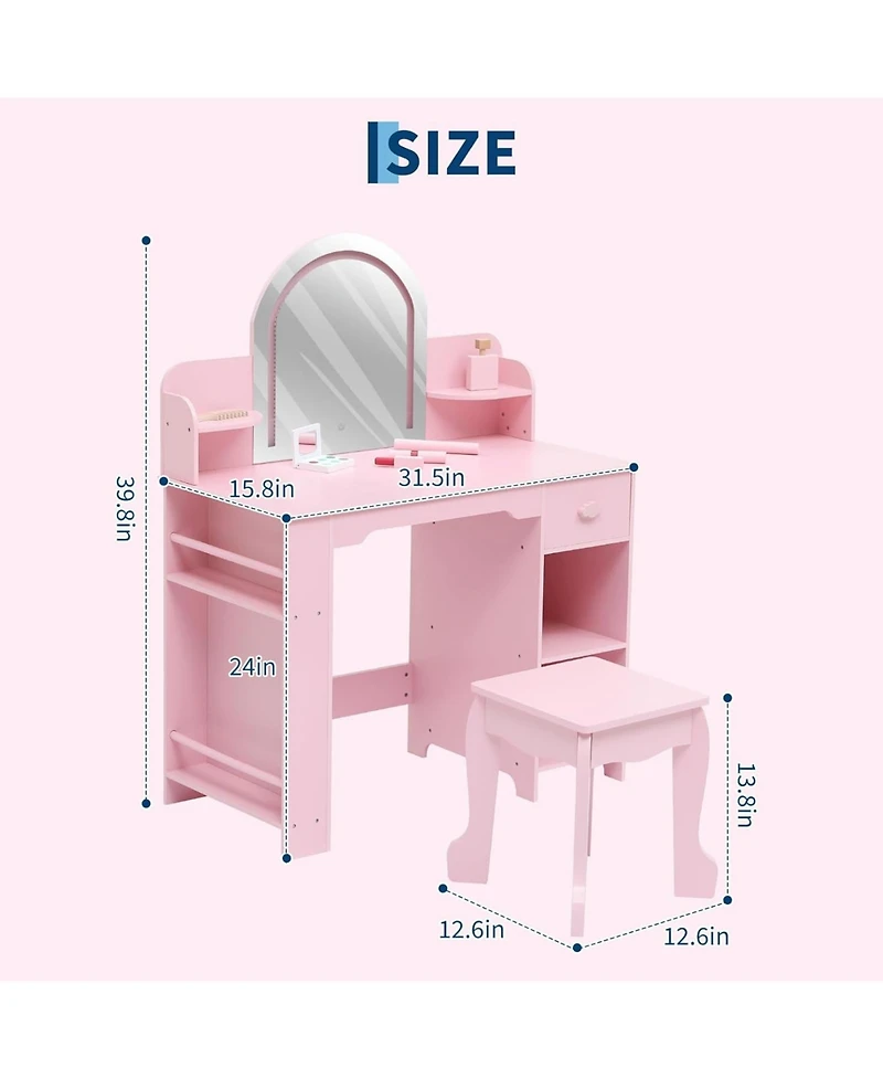 gaomon Kids Lighted Mirror Vanity 3–9 Yrs Storage Makeup Table & Stool Set