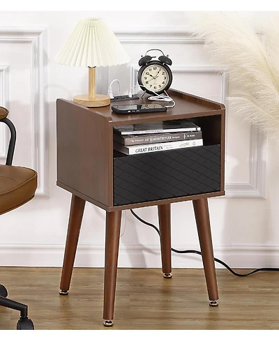 gaomon Mid Century Modern Wood Nightstand Side Table with Charging Station and Drawer