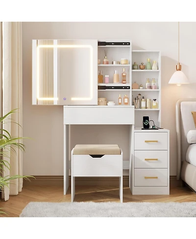 gaomon Makeup Vanity Desk with Sliding Mirror, Dressing Table Adjustable Lights, Girls Set Stool, 4 Compact Drawers