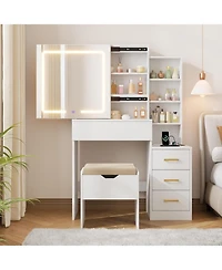 gaomon Makeup Vanity Desk with Sliding Mirror, Dressing Table Adjustable Lights, Girls Set Stool, 4 Compact Drawers