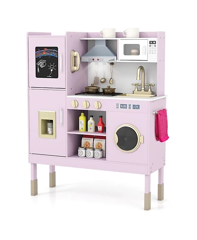 Mecale Pretend Play Kitchen Toy with Range Hood, Ice Maker & Telephone for Kids Role Play