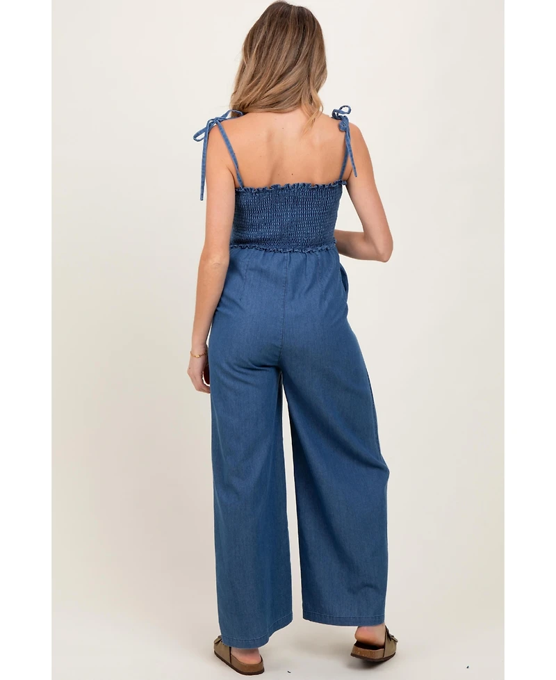 Pinkblush Maternity Chambray Shoulder Tie Smocked Jumpsuit