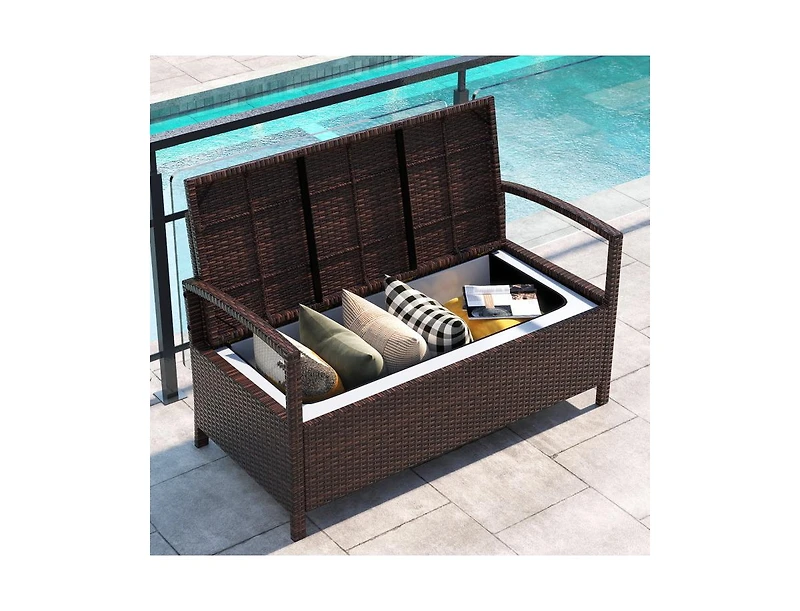 Slickblue 2-Seat Pe Wicker Patio Storage Bench with Cushion and Deck Box