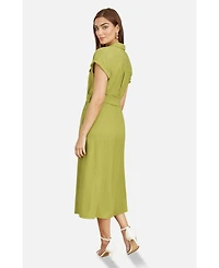 Yumi Women's Viscose Linen Look Midi Shirt Dress