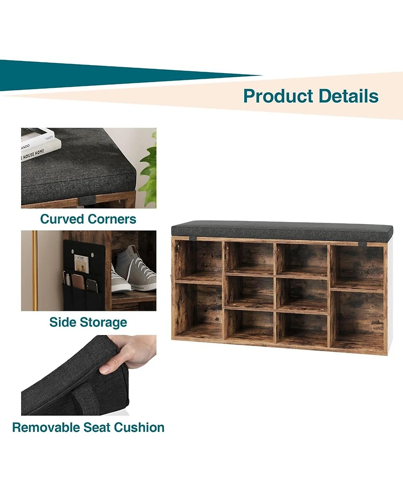 gaomon Entryway Shoe Bench with Storage & Cushioned Seat | Wooden Rack Organizer Adjustable Shelves Side Pockets for Hallway