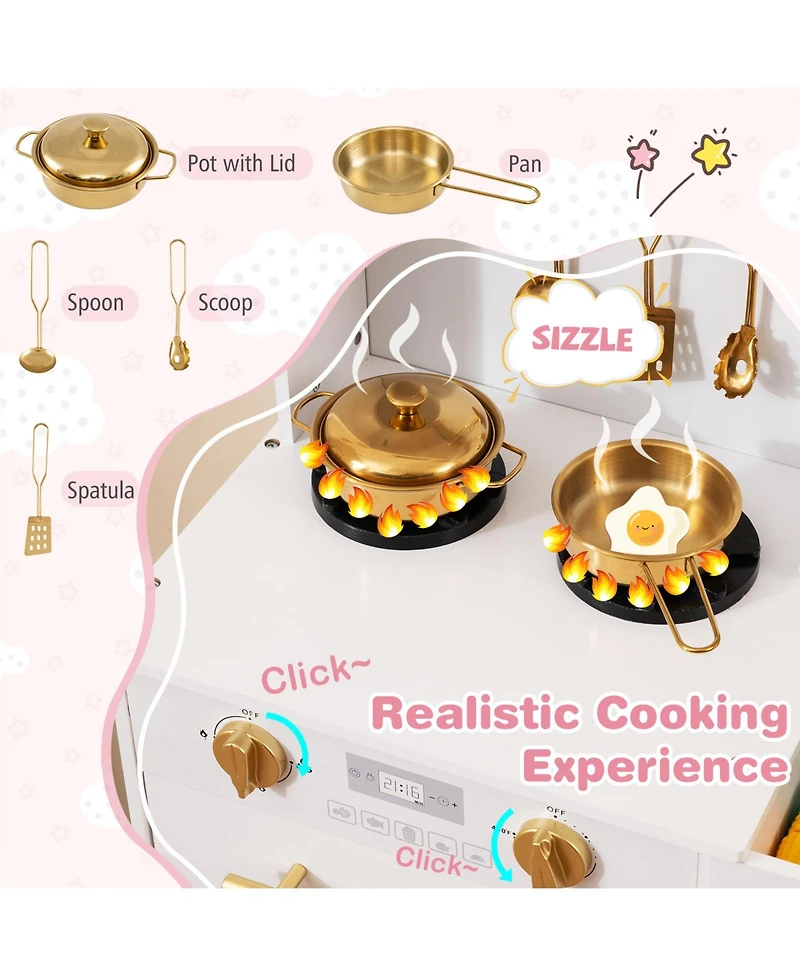 Mecale Play Kitchen for Kids, Wooden Chef Pretend Playset with 3 Adjustable Heights & Microwave