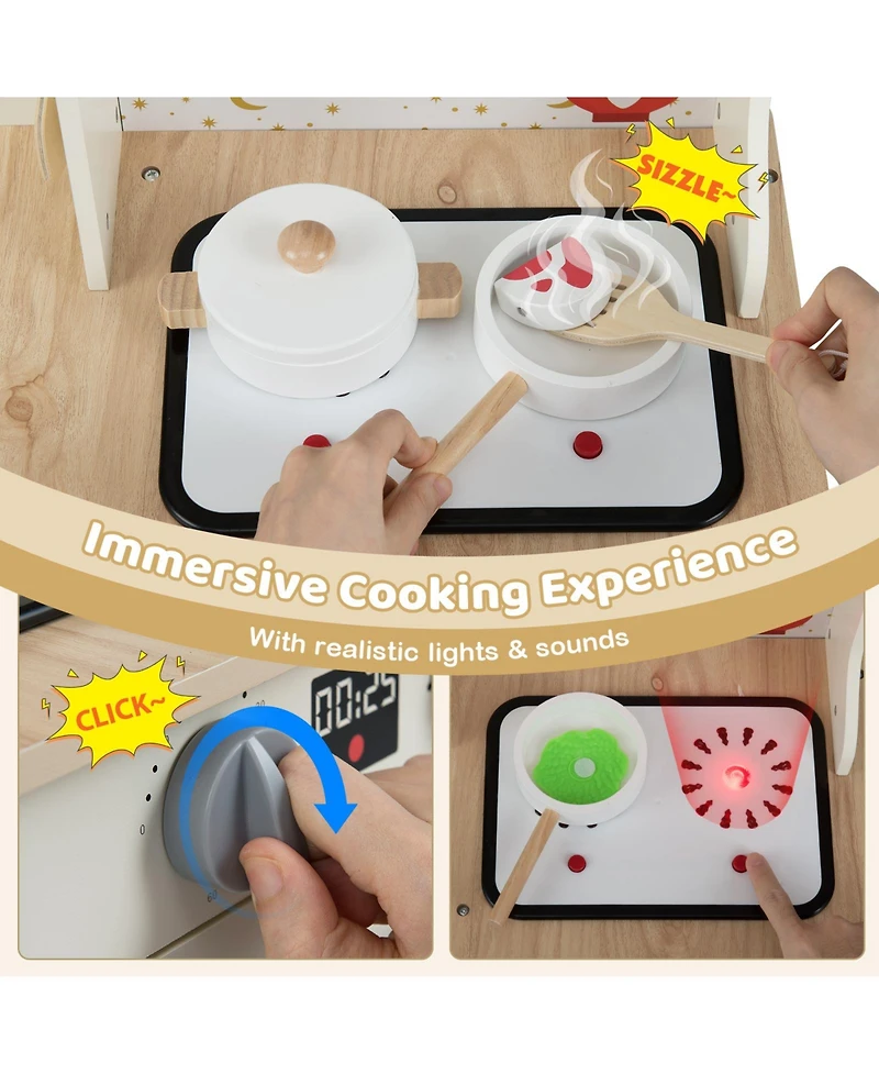 Mecale Kids Play Kitchen, Wooden Corner Kitchen Playset with Working Faucet & Sink