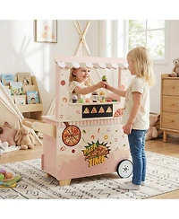 Mecale Kids Pizza Food Truck Wooden Pretend Snack Cart with Oven for Fun Role Play