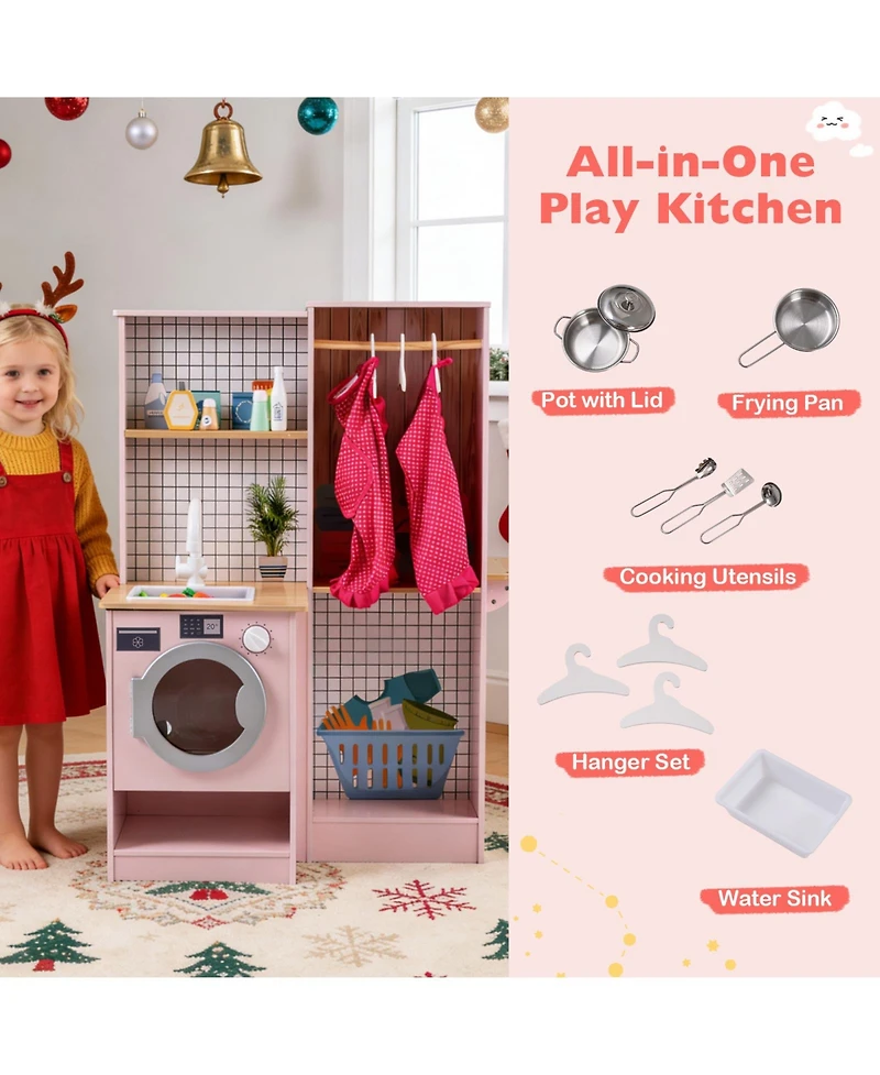 Mecale Dual-Sided Kids Play Kitchen with Water Dispenser & Range Hood for Ages 3